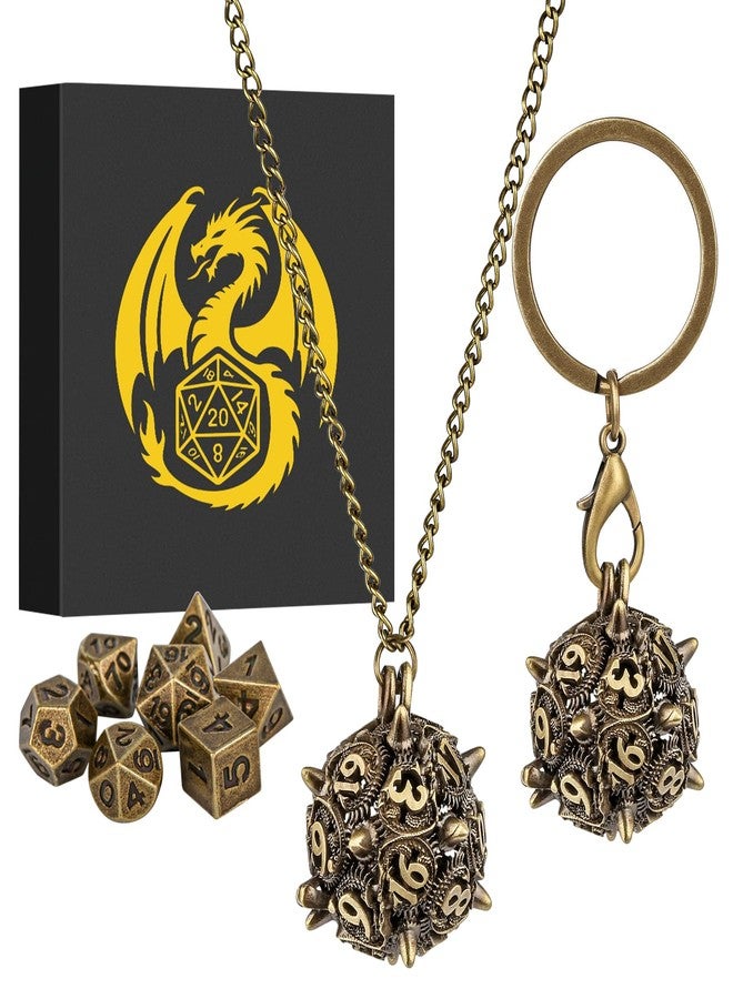 Keller & Weber Mini DND Dice Set with D20 Spike Metal Cage Portable Keychain Necklace, Tiny 7pcs Polyhedral D&D Dice Set, DND Gifts with Gift Box, D&D Accessories for RPG, Bronze - Image 1
